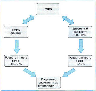 Рис. 2. Частота клинической неэффективности лечения больных ГЭРБ стандартной дозой ИПП в зависимости от формы болезни