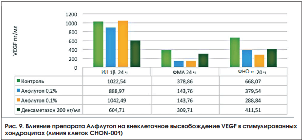 Рис. 9. Влияние препарата Алфлутоп на внеклеточное высвобождение VEGF в стимулированных хондроцитах (линия клеток CHON-001)