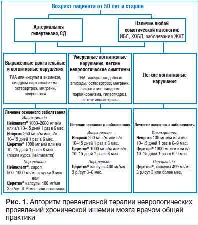 Рис. 1. Алгоритм превентивной терапии неврологических проявлений хронической ишемии мозга врачом общей практики
