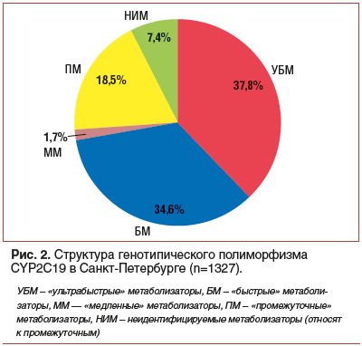 Рис. 2. Структура генотипического полиморфизма CYP2C19 в Санкт-Петербурге (n=1327).