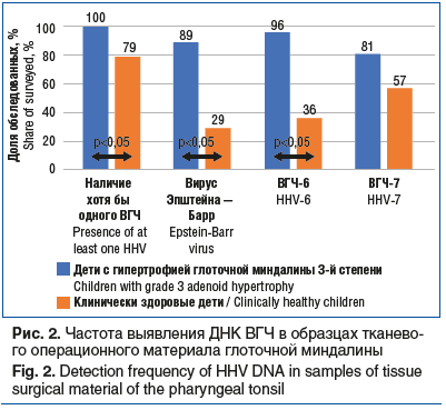Рис. 2. Частота выявления ДНК ВГЧ в образцах тканево- го операционного материала глоточной миндалины Fig. 2. Detection frequency of HHV DNA in samples of tissue surgical material of the pharyngeal tonsil