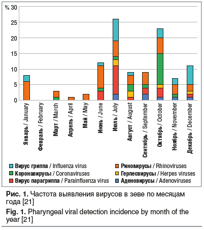 Рис. 1. Частота выявления вирусов в зеве по месяцам года [21] Fig. 1. Pharyngeal viral detection incidence by month of the year [21]