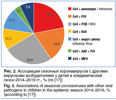 Рис. 2. Ассоциации сезонных коронавирусов с другими вирусными возбудителями у детей в эпидемический сезон 2014–2019 гг., % (по [17]) Fig. 2. Associations of seasonal coronaviruses with other viral pathogens in children in the epidemic season 2014–2019, % 