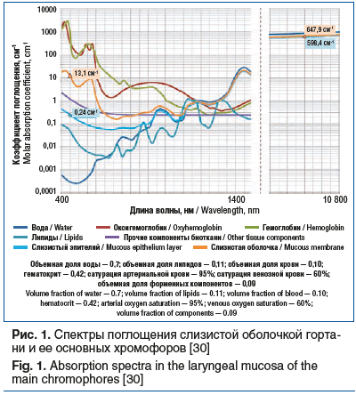 Рис. 1. Спектры поглощения слизистой оболочкой горта- ни и ее основных хромофоров [30] Fig. 1. Absorption spectra in the laryngeal mucosa of the main chromophores [30]