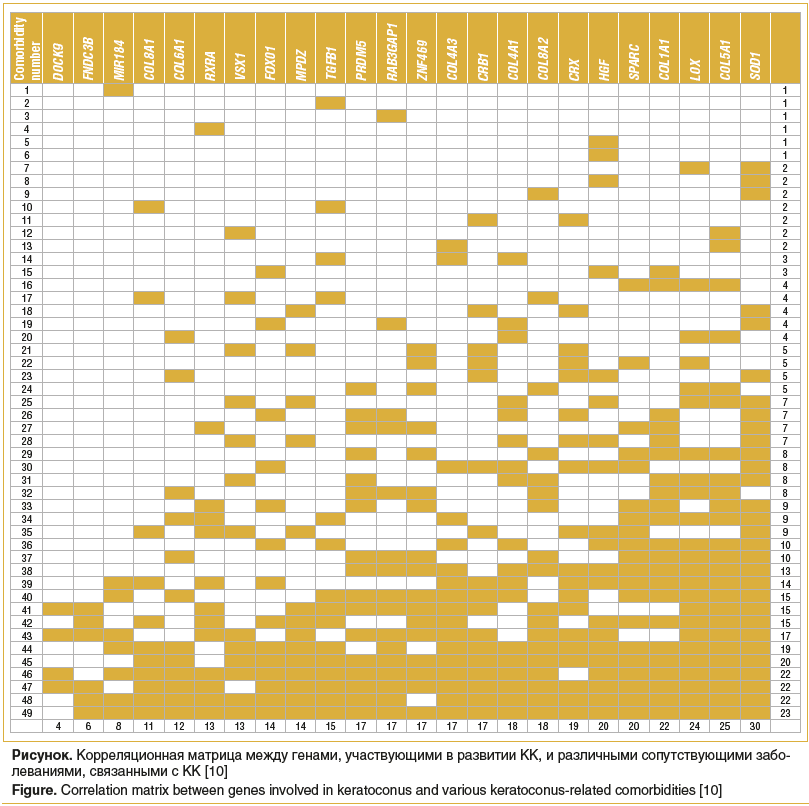 Рисунок. Корреляционная матрица между генами, участвующими в развитии КК, и различными сопутствующими заболеваниями, связанными с КК [10] Figure. Correlation matrix between genes involved in keratoconus and various keratoconus-related comorbidities [10]