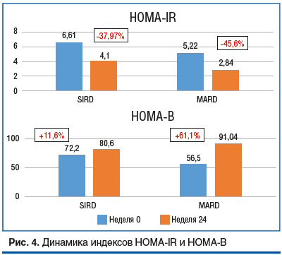 Рис. 4. Динамика индексов HOMA-IR и HOMA-B