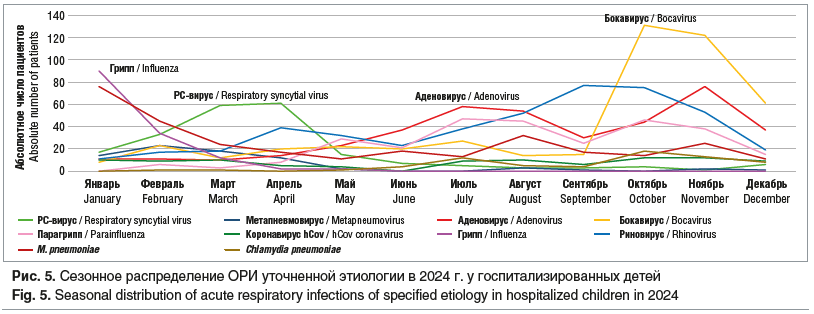 Рис. 5. Сезонное распределение ОРИ уточненной этиологии в 2024 г. у госпитализированных детей Fig. 5. Seasonal distribution of acute respiratory infections of specified etiology in hospitalized children in 2024