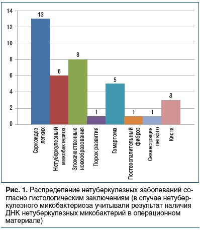 Рис. 1. Распределение нетуберкулезных заболеваний со- гласно гистологическим заключениям (в случае нетубер- кулезного микобактериоза учитывали результат наличия ДНК нетуберкулезных микобактерий в операционном материале)