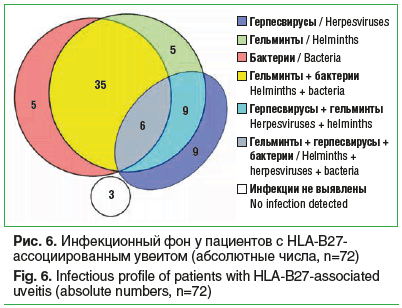 Рис. 6. Инфекционный фон у пациентов с HLA-B27- ассоциированным увеитом (абсолютные числа, n=72) Fig. 6. Infectious profile of patients with HLA-B27-associated uveitis (absolute numbers, n=72) Рис. 6. Инфекционный фон у пациентов с HLA-B27- ассоциированным увеитом (абсолютные числа, n=72) Fig. 6. Infectious profile of patients with HLA-B27-associated uveitis (absolute numbers, n=72)